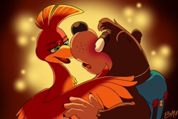 Size: 1080x720 | Tagged: safe, artist:banana_meteor, banjo (banjo-kazooie), kazooie (banjo-kazooie), bear, bird, breegull, fictional species, mammal, red crested breegull, anthro, feral, banjo-kazooie, rareware, 2022, beak, blushing, feathered wings, feathers, female, imminent kissing, male, male/female, wings