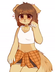 Size: 1626x2103 | Tagged: safe, artist:itsnekoamai, canine, dog, mammal, anthro, 2022, belly button, blushing, bone, bottomwear, brown body, brown eyes, brown fur, brown hair, clothes, collar, female, fur, hair, heart, looking at you, midriff, multicolored fur, shorts, simple background, solo, solo female, sports bra, sports shorts, topwear, two toned body, two toned fur, white background