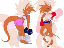 Size: 2000x1500 | Tagged: suggestive, artist:dawgweazle, oc, kangaroo, mammal, marsupial, anthro, 2021, boxing gloves, breasts, butt, clothes, cute, dumbbells, ears, feet, female, fur, gloves, macropod, muscles, muscular female, pose, red, red eyes, sexy, solo, solo female, tail, weight lifting, zoom layer