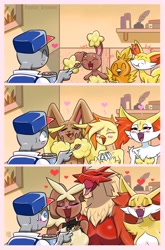 Size: 2005x3043 | Tagged: safe, artist:painterdreamer, oc, oc:anon, blaziken, braixen, buneary, combusken, delphox, fennekin, fictional species, lopunny, mammal, mega lopunny, mega pokémon, torchic, anthro, feral, semi-anthro, nintendo, pokémon, 2021, 3 panel comic, arm fluff, beak, bedroom eyes, breasts, claws, clothes, comic, detailed background, digital art, ear fluff, ears, eyelashes, eyes closed, feathered wings, feathers, featureless breasts, feeding, female, fluff, food, funny, fur, hair, heart, male, neck fluff, open mouth, pink nose, pokémon trainer, red nose, sharp teeth, shoulder fluff, spoon, starter pokémon, sweat, sweatdrop, tail, teeth, tongue, torn clothes, winged arms, wings