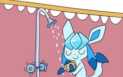 Size: 757x475 | Tagged: safe, artist:robosylveon, eeveelution, fictional species, glaceon, mammal, sylveon, feral, nintendo, pokémon, 2015, ambiguous gender, ambiguous only, animated, bathtub, bedroom eyes, black nose, brush, bubble bath, digital art, duo, duo ambiguous, ears, eyes closed, fur, gif, hair, paws, ribbons (body part), shower, showering, tail, unamused