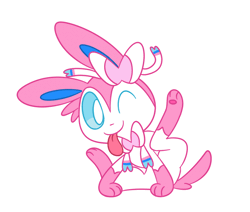 Size: 820x696 | Tagged: safe, artist:robosylveon, eeveelution, fictional species, mammal, sylveon, feral, nintendo, pokémon, 2015, animated, behaving like a dog, black nose, blep, digital art, ears, fur, gif, one eye closed, paws, ribbons (body part), simple background, tail, tongue, tongue out, white background