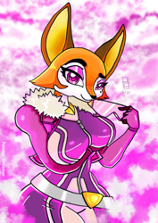 Size: 1280x1811 | Tagged: safe, artist:painterdreamer, meika (rimba racer), canine, fox, mammal, anthro, rimba racer, 2021, arm under breasts, bedroom eyes, black nose, breasts, clothes, digital art, ears, eyelashes, female, fur, looking at you, pose, solo, solo female, suit, thighs, vixen, wide hips