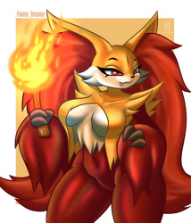 Size: 1280x1494 | Tagged: safe, artist:painterdreamer, canine, delphox, fictional species, fox, mammal, anthro, nintendo, pokémon, 2021, absolute cleavage, bedroom eyes, belly button, breasts, cheek fluff, cleavage, digital art, ear fluff, ears, eyelashes, fangs, featureless breasts, featureless crotch, female, fire, fluff, fur, hand on hip, hip fluff, pose, red nose, sharp teeth, shoulder fluff, solo, solo female, starter pokémon, stick, tail, teeth, thighs, vixen, wide hips