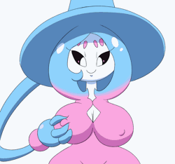 Size: 1300x1216 | Tagged: suggestive, artist:tansau, fictional species, hatterene, anthro, series:pokethots by tansau, nintendo, pokémon, 2022, 2d, 2d animation, animated, bedroom eyes, big breasts, blinking, bouncing breasts, breast slap, breasts, clothes, digital art, ears, eyelashes, female, frame by frame, gif, hair, hat, headwear, kissing, looking at you, nipple fetish, nipple outline, nipple pinch, nipple play, nipple twisting, pose, simple background, smiling, smiling at you, solo, solo female, thighs, white background, wide hips