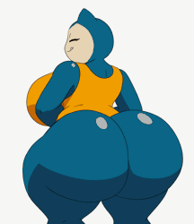 Size: 1038x1200 | Tagged: suggestive, artist:tansau, fictional species, mammal, snorlax, anthro, series:pokethots by tansau, nintendo, pokémon, 2022, 2d, 2d animation, animated, big breasts, bottomwear, breasts, butt, butt shake, clothes, cute, cute little fangs, digital art, ears, eyelashes, eyes closed, fangs, female, frame by frame, fur, gif, huge butt, looking at you, looking back, looking back at you, one-piece swimsuit, pose, rear view, sideboob, simple background, smiling, smiling at you, solo, solo female, swimsuit, teeth, thick thighs, thighs, white background, wide hips