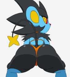 Size: 1270x1400 | Tagged: suggestive, artist:tansau, fictional species, luxray, mammal, anthro, series:pokethots by tansau, nintendo, pokémon, 2022, 2d, 2d animation, animated, bedroom eyes, bikini, blinking, bouncing breasts, breasts, cameltoe, clothes, colored sclera, digital art, ears, eyelashes, female, frame by frame, fur, gif, hair, looking at you, looking back, looking back at you, nudity, pose, rear view, rearboob, red nose, red sclera, simple background, solo, solo female, swimsuit, tail, thighs, twerking, wedgie, white background, wide hips