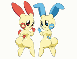 Size: 1300x1000 | Tagged: suggestive, artist:tansau, fictional species, minun, plusle, anthro, series:pokethots by tansau, nintendo, pokémon, 2022, 2d, 2d animation, animated, blinking, breasts, butt, butt bump, digital art, duo, duo female, ears, electricity, eyelashes, female, females only, frame by frame, fur, gif, huge butt, lightning, looking at you, looking back, looking back at you, nudity, pose, rear view, sideboob, simple background, smiling, smiling at you, tail, thick thighs, thighs, white background, wide hips