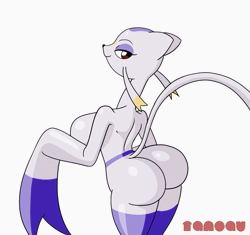 Size: 1200x1128 | Tagged: suggestive, artist:tansau, fictional species, mammal, mienshao, anthro, series:pokethots by tansau, nintendo, pokémon, 2019, 2d, 2d animation, animated, bedroom eyes, big breasts, black nose, blinking, bouncing breasts, breasts, butt, butt shake, digital art, ears, eyelashes, female, frame by frame, fur, gif, looking at you, looking back, looking back at you, nudity, pose, rear view, sideboob, simple background, smiling, smiling at you, solo, solo female, tail, thighs, white background, wide hips