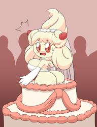 Size: 1458x1908 | Tagged: suggestive, artist:tansau, alcremie, fictional species, anthro, series:pokethots by tansau, nintendo, pokémon, 2020, big breasts, big butt, blushing, breasts, butt, cake, clothes, commission, crowd, digital art, dress, ears, embarrassed, eyelashes, female, female focus, food, hair, looking at you, looking back, looking back at you, open mouth, pose, rear view, sideboob, solo focus, surprised, thighs, tongue, wedding dress, wide hips