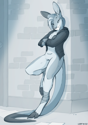 Size: 900x1280 | Tagged: safe, artist:lizet, oc, oc only, kangaroo, mammal, marsupial, anthro, 2022, bottomless, clothes, digital art, ears, female, fur, hair, jacket, leaning, long tail, looking at you, macropod, monochrome, nudity, partial nudity, paws, pouch, solo, solo female, tail, topwear