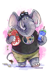Size: 626x899 | Tagged: safe, artist:spain fischer, elephant, mammal, anthro, 2022, 3d glasses, big ears, bottomwear, cinema, clothes, drink, ears, eating, hair, male, popcorn, proboscis, shirt, shorts, signature, solo, solo male, tail, teeth, topwear, trunk, tusks, walking