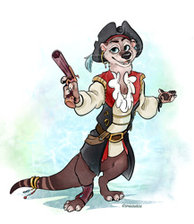 Size: 867x1000 | Tagged: safe, artist:spain fischer, mammal, mustelid, otter, anthro, 2022, clothes, ear piercing, earring, feather, fur, gun, hat, headwear, jewelry, male, paws, piercing, pirate, solo, solo male, standing, tail, tail jewelry, tail ring, weapon, whiskers