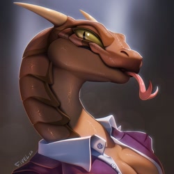 Size: 1000x1000 | Tagged: safe, artist:fivel, reptile, snake, anthro, 2022, breasts, bust, cleavage, clothes, female, forked tongue, horns, portrait, scales, shirt, solo, solo female, tongue, tongue out, topwear