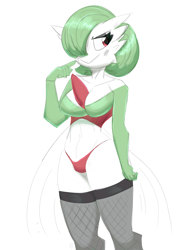 Size: 2000x2692 | Tagged: safe, artist:flutterthrash, fictional species, gardevoir, anthro, nintendo, pokémon, 2022, bedroom eyes, belly button, bikini, breasts, clothes, digital art, ears, evening gloves, eyelashes, female, fishnet, fishnet stockings, gloves, hair, legwear, long gloves, one eye closed, pose, see-through, simple background, solo, solo female, stockings, swimsuit, thighs, white background, wide hips