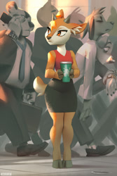 Size: 600x900 | Tagged: safe, artist:miles-df, tsunoda (aggretsuko), antelope, bovid, canine, feline, gazelle, mammal, anthro, unguligrade anthro, aggretsuko, sanrio, 2020, black nose, bottomwear, breasts, cell phone, clothes, coffee, coffee cup, crowd, detailed background, digital art, drink, ear fluff, ears, eyelashes, female, female focus, fluff, fur, hooves, necktie, phone, shirt, shoes, skirt, smartphone, solo focus, suit, tail, thighs, topwear, wide hips