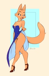 Size: 750x1170 | Tagged: suggestive, artist:goolee, diane foxington (the bad guys), canine, fox, mammal, anthro, digitigrade anthro, dreamworks animation, the bad guys, 2022, big breasts, big butt, blowing raspberry, border, bottomwear, breasts, butt, cleavage, clothes, dress, dress lift, female, high heels, jewelry, lifting skirt, necklace, no underwear, shoes, side slit, skirt, skirt lift, smiling, solo, solo female, thick thighs, thighs, tongue, tongue out, total sideslit, vixen
