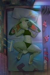 Size: 600x900 | Tagged: safe, artist:miles-df, judy hopps (zootopia), lagomorph, mammal, rabbit, anthro, digitigrade anthro, disney, zootopia, 2019, alarm clock, apartment, bed, belly button, breasts, cell phone, clock, clothes, detailed background, digital art, ears, eyelashes, eyes closed, female, floppy ears, fur, lying down, lying on bed, on bed, panties, phone, pillow, pink nose, shirt, sleeping, smartphone, solo, solo female, tail, thighs, topwear, underwear, wide hips, window