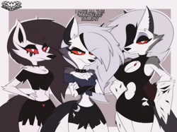 Size: 2160x1616 | Tagged: safe, artist:knightmnlight98, loona (vivzmind), canine, fictional species, hellhound, mammal, anthro, hazbin hotel, helluva boss, 2022, angry, background character, beach, bedroom eyes, big breasts, black nose, border, bottomwear, breasts, cheek fluff, clothes, collar, colored sclera, dialogue, digital art, dress, ear piercing, ears, evening gloves, eyelashes, female, females only, fluff, fur, gloves, goth, hair, hand on hip, long gloves, one eye closed, piercing, pose, red sclera, self paradox, shorts, spiked bracelet, spiked collar, spiked wristband, tail, talking, tank top, text, thighs, topwear, trio, trio female, unamused, vulgar, white border, wide hips, wristband