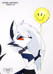 Size: 1620x2250 | Tagged: safe, artist:knightmnlight98, loona (vivzmind), canine, fictional species, hellhound, mammal, anthro, hazbin hotel, helluva boss, 2021, balloon, bedroom eyes, black nose, bottomwear, cheek fluff, clothes, collar, colored sclera, digital art, ear piercing, ears, evening gloves, eyelashes, female, fluff, fur, gloves, hair, holding, long gloves, piercing, red sclera, shorts, side view, simple background, solo, solo female, spiked collar, tail, tank top, thighs, topwear, unamused, white background, wide hips