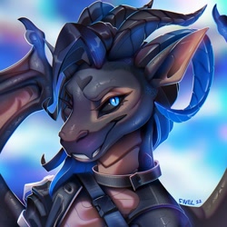 Size: 1000x1000 | Tagged: safe, artist:fivel, dragon, fictional species, anthro, 2022, bust, female, horns, portrait, solo, solo female, wings