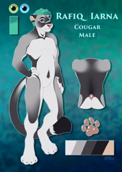 Size: 2136x3000 | Tagged: source needed, safe, artist:smileeeeeee, oc, oc:rafiq iarna, big cat, cougar, feline, mammal, anthro, digitigrade anthro, abstract background, blue eyes, character name, color palette, complete nudity, fluff, fur, green eyes, hair, heterochromia, high res, male, nudity, palm pads, paw pads, paws, pubic fluff, reference sheet, solo, solo male, tail, tail fluff