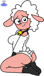 Size: 910x1558 | Tagged: suggestive, artist:mrstheartist, leggy lamb (droopy), bovid, caprine, mammal, sheep, anthro, plantigrade anthro, droopy (series), 2022, adorasexy, bell, blushing, butt, cute, female, kneeling, looking at you, looking back, looking back at you, sexy, solo, solo female