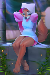 Size: 633x950 | Tagged: safe, artist:miles-df, maid marian (robin hood), canine, fox, mammal, anthro, digitigrade anthro, disney, robin hood (disney), 2018, black nose, breasts, clothes, detailed background, digital art, dress, ears, eyelashes, eyes closed, female, fur, headdress, sitting, solo, solo female, tail, thighs, vixen, wide hips