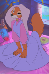 Size: 633x950 | Tagged: safe, alternate version, artist:miles-df, maid marian (robin hood), canine, fox, mammal, anthro, digitigrade anthro, disney, robin hood (disney), 2018, bed, black nose, breasts, castle, clothes, detailed background, digital art, dress, ears, eyelashes, female, flat colors, fur, headdress, kneeling, looking at you, pillow, shoes, smiling, smiling at you, solo, solo female, tail, thighs, vixen, wide hips, window