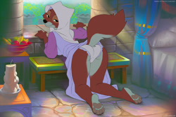 Size: 1200x800 | Tagged: suggestive, alternate version, artist:miles-df, maid marian (robin hood), canine, fox, mammal, anthro, digitigrade anthro, disney, robin hood (disney), 2017, bed, bent over, black nose, breasts, butt, cameltoe, castle, clothes, detailed background, digital art, dress, dress lift, ears, eyelashes, female, fur, headdress, kneeling, looking at you, looking back, looking back at you, panties, paw pads, paws, pillow, rear view, sideboob, smiling, smiling at you, solo, solo female, tail, thighs, underwear, vixen, wide hips, window