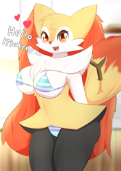 Size: 2508x3541 | Tagged: suggestive, artist:pilu21, braixen, fictional species, nintendo, pokémon, 2022, arm behind back, belly button, bikini, blushing, breasts, chest fluff, clothes, dialogue, ear fluff, ears, eyelashes, female, fluff, fur, heart, hip fluff, neck fluff, open mouth, red nose, sharp teeth, shoulder fluff, solo, solo female, starter pokémon, stick, swimsuit, tail, talking, talking to viewer, teeth, text, thighs, tongue, wide hips