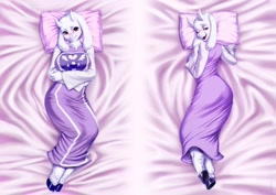 Size: 1280x905 | Tagged: safe, artist:alanscampos, toriel (undertale), bovid, goat, mammal, anthro, unguligrade anthro, undertale, 2016, bed, body pillow design, breasts, butt, commission, digital art, ears, eyelashes, female, fur, hooves, horns, lying down, lying on bed, mature, mature female, on bed, open mouth, pillow, rear view, sideboob, solo, solo female, tail, thighs, tongue, wide hips