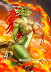Size: 1060x1500 | Tagged: safe, artist:alanscampos, oc, oc only, dragon, fictional species, anthro, 2017, belly button, bikini, breasts, clothes, digital art, dragoness, ears, eyelashes, female, fire, hair, horns, scales, sharp teeth, solo, solo female, swimsuit, tail, teeth, thighs, warrior, weapon, wide hips