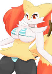 Size: 2508x3541 | Tagged: suggestive, artist:pilu21, braixen, fictional species, anthro, nintendo, pokémon, 2022, belly button, bikini, breasts, cheek fluff, chest fluff, clothes, digital art, ear fluff, ears, eyelashes, female, fluff, fur, hair, hip fluff, looking at you, micro bikini, red nose, shoulder fluff, simple background, solo, solo female, starter pokémon, stick, swimsuit, tail, thighs, white background, wide hips