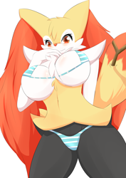 Size: 2508x3541 | Tagged: suggestive, artist:pilu21, braixen, fictional species, anthro, nintendo, pokémon, 2022, belly button, bikini, blushing, breasts, cheek fluff, chest fluff, clothes, digital art, ear fluff, ears, eyelashes, female, fluff, fur, hair, hip fluff, looking down, micro bikini, red nose, shoulder fluff, simple background, solo, solo female, starter pokémon, stick, swimsuit, tail, thighs, underboob, white background, wide hips