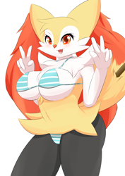 Size: 2508x3541 | Tagged: suggestive, artist:pilu21, braixen, fictional species, anthro, nintendo, pokémon, 2022, belly button, bikini, blushing, breasts, cheek fluff, chest fluff, clothes, cute, cute little fangs, digital art, double peace sign, ear fluff, ears, eyelashes, fangs, female, fluff, fur, hair, hip fluff, looking at you, micro bikini, open mouth, red nose, shoulder fluff, simple background, solo, solo female, starter pokémon, stick, swimsuit, tail, teeth, thighs, tongue, underboob, white background, wide hips