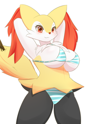 Size: 2508x3541 | Tagged: suggestive, artist:pilu21, braixen, fictional species, anthro, nintendo, pokémon, 2022, armpits, arms behind head, belly button, bikini, blushing, breasts, cheek fluff, chest fluff, clothes, cute, cute little fangs, digital art, ear fluff, ears, eyelashes, fangs, female, fluff, fur, hair, hip fluff, looking at you, micro bikini, pose, red nose, shoulder fluff, simple background, solo, solo female, starter pokémon, stick, swimsuit, tail, teeth, thighs, white background, wide hips