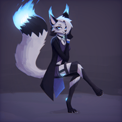 Size: 1280x1280 | Tagged: safe, artist:ellipsisart, oc, oc:rachel firestorm, canine, fox, mammal, anthro, digitigrade anthro, 2022, clothes, female, fire, looking at you, magic, smiling, solo, solo female