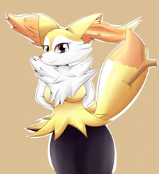Size: 1169x1280 | Tagged: safe, artist:pilu21, braixen, fictional species, anthro, nintendo, pokémon, 2021, arms behind back, belly button, breasts, cheek fluff, chest fluff, digital art, ear fluff, ears, eyelashes, featureless breasts, featureless crotch, female, fluff, fur, hair, hip fluff, looking at you, pose, red nose, shoulder fluff, simple background, solo, solo female, starter pokémon, stick, tail, thighs, wide hips