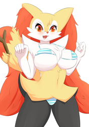 Size: 2508x3541 | Tagged: suggestive, artist:pilu21, braixen, fictional species, anthro, nintendo, pokémon, 2022, belly button, bikini, blushing, breasts, cheek fluff, chest fluff, clothes, cute, cute little fangs, digital art, ear fluff, ears, eyelashes, fangs, female, fluff, fur, hair, hip fluff, looking at you, micro bikini, open mouth, red nose, sharp teeth, shoulder fluff, simple background, solo, solo female, starter pokémon, stick, swimsuit, tail, teeth, thighs, tongue, underboob, white background, wide hips