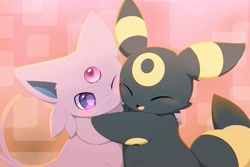 Size: 2400x1600 | Tagged: safe, artist:hirochanu, eeveelution, espeon, fictional species, mammal, umbreon, feral, nintendo, pokémon, 2022, 2d, ambiguous gender, ambiguous only, cute, duo, duo ambiguous, eyes closed, hug, one eye closed, open mouth, open smile, smiling