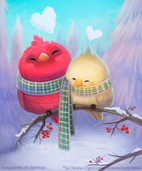 Size: 600x724 | Tagged: safe, artist:cryptid-creations, bird, cardinal, songbird, feral, 2021, 2d, ambiguous gender, ambiguous only, ambiguous/ambiguous, branch, clothes, cute, duo, duo ambiguous, eyes closed, heart, holiday, romantic, scarf, smiling, valentine's day