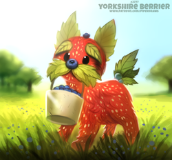 Size: 700x649 | Tagged: safe, artist:cryptid-creations, canine, dog, fictional species, food creature, hybrid, mammal, terrier, yorkshire terrier, feral, 2020, 2d, ambiguous gender, berry, blueberry, bucket, food, fruit, grass, leaf, plant, pun, solo, solo ambiguous, strawberry, tree, visual pun