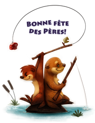 Size: 750x971 | Tagged: safe, artist:cryptid-creations, mammal, mustelid, otter, semi-anthro, 2014, 2d, ambiguous gender, cattail, duo, father, father and child, fishing rod, french text, male, simple background, text, translation request, white background