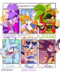 Size: 1715x2048 | Tagged: safe, artist:onlyastraa, blaze the cat (sonic), miles "tails" prower (sonic), rouge the bat (sonic), shadow the hedgehog (sonic), silver the hedgehog (sonic), surge the tenrec (sonic), bat, canine, cat, feline, fox, hedgehog, mammal, red fox, tenrec, anthro, six fanarts, idw sonic the hedgehog, sega, sonic the hedgehog (series), 2022, belly button, female, male