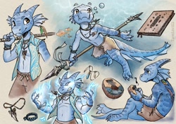 Size: 1400x993 | Tagged: safe, artist:taborlin123, fictional species, kobold, reptile, anthro, 2022, bottomwear, clothes, jewelry, magic, male, necklace, shirt, shorts, solo, solo male, spear, swimming, topwear, weapon