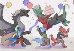 Size: 2157x1497 | Tagged: safe, artist:siggymcc, dragon, fictional species, kobold, lizard, reptile, anthro, feral, 2022, birthday cake, cake, female, food, horns, male, tail, wings