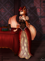Size: 1547x2100 | Tagged: safe, artist:iscafox, artist:rosepunk, oc, oc only, oc:sequoia (rosepunk), arcanine, fictional species, mammal, undead, vampire, anthro, nintendo, pokémon, 2022, alcohol, black sclera, blood, book, brown body, brown fur, brown hair, champagne, clipstudiopaint, clothes, colored sclera, commission, cream body, cream fur, digital art, dress, drink, fangs, flower, fur, hair, indoors, jewelry, plant, red eyes, ring, rose, sharp teeth, signature, standing, tail, teeth, vintage, wine
