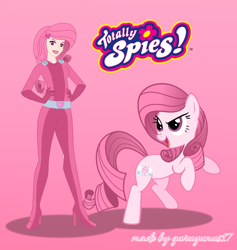 Size: 792x836 | Tagged: safe, artist:muhammad yunus, artist:selenaede, oc, oc only, oc:annisa trihapsari, earth pony, equine, fictional species, human, mammal, pony, feral, friendship is magic, hasbro, my little pony, 2022, crossover, duo, duo female, female, females only, feralized, furrified, heart, lipstick, logo, looking at you, makeup, mare, pink background, ponified, simple background, smiling, smiling at you, totally spies!