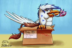 Size: 3000x2000 | Tagged: safe, artist:doesnotexist, artist:gyrotech, edit, oc, oc:gyro feather, oc:gyro feather (gryphon), oc:zephyrus (phoe), bird, feline, fictional species, galliform, gryphon, mammal, peacock gryphon, peafowl, feral, beak, bird feet, blue body, blue feathers, blue fur, claws, color edit, feathered wings, feathers, fur, male, purple feathers, tail, tail tuft, throat bulge, vore, wings
